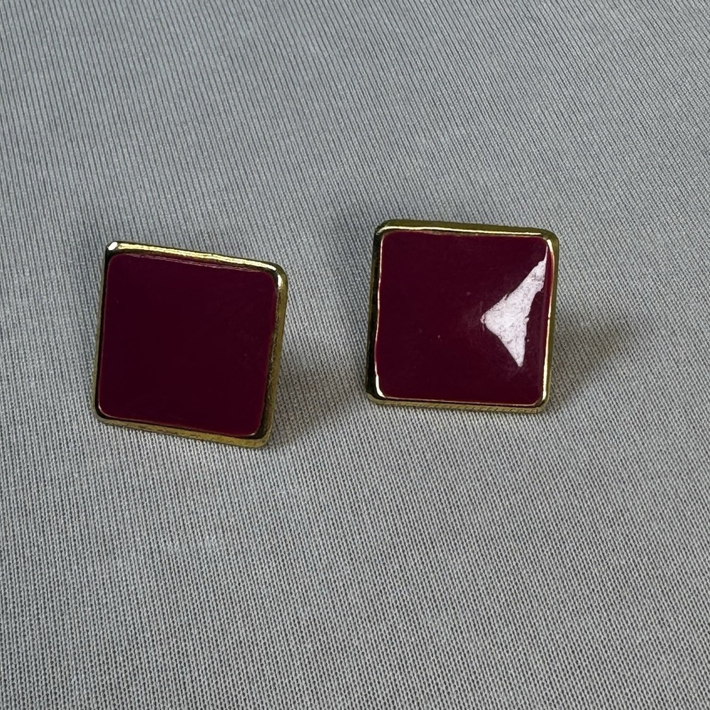 Vintage Gold Tone Pink‎ Enamel 1" Square Pierced Earrings